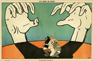 Prints of Cartoon, The Hands with Right on their Side. Two large hands representing the Allied forces tower over the four small leaders of the Central Powers cowering in the middle Generals And Leader Prints: WW1 Cartoon, The Hands with Right on their Side Print 1916