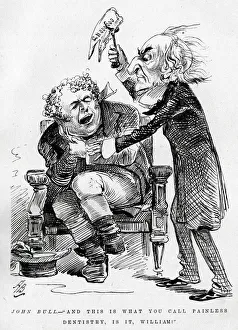 Cartoon, John Bull with William Gladstone as dentist Cartoon, John Bull with William Gladstone as dentist