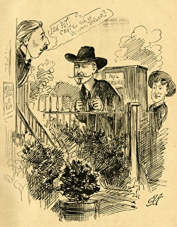 Cartoon, John Hollingshead and two street musicians Cartoon, John Hollingshead and two street musicians