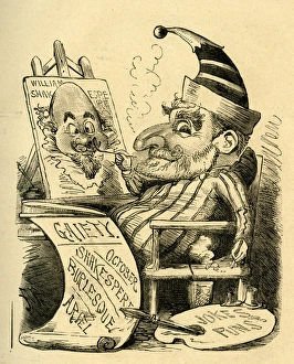 Cartoon, Mr Punch painting a portrait of Shakespeare Cartoon, Mr Punch painting a portrait of Shakespeare