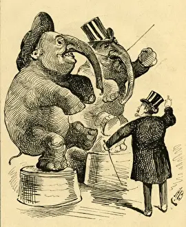 Victorian Era Animal Illustrations Prints: Cartoon, ringmaster and performing elephants
