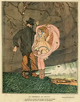 Print of a couple sheltering from a squall under a leafless tree