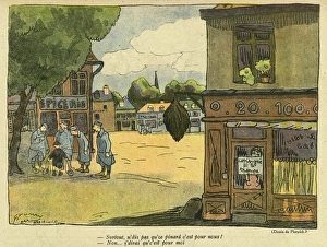 Cartoon, Soldiers and boy in street, WW1 Cartoon, Soldiers and boy in street, WW1