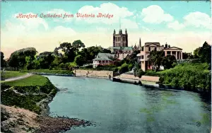 Prints of The Cathedral, Hereford, Herefordshire, England. View from Victoria Bridge Date: 1900s Hereford Prints: The Cathedral, Hereford Print, 1900s