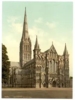 Prints of Cathedral, Salisbury, England. Date between ca. 1890 and ca. 1900 Salisbury Prints: Salisbury Cathedral Print, Late 19th Century