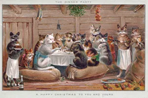 Cats enjoying a dinner party on a Christmas card Cats enjoying a dinner party on a Christmas card