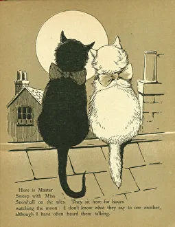 Two cats sit on a rooftop gazing at the full moon Two cats sit on a rooftop gazing at the full moon