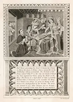 Prints of Caxton and his book presented to Edward IV by Anthony Woodville, Earl Rivers William Caxton Prints: Woodcut Print of Caxton and Edward IV