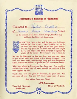 Certificate to schoolchildren from Mayor of Woolwich, WW2 Certificate to schoolchildren from Mayor of Woolwich, WW2