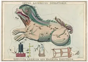 Star Chart Prints: Cetus Star Map Print featuring a sea monster and industrial elements