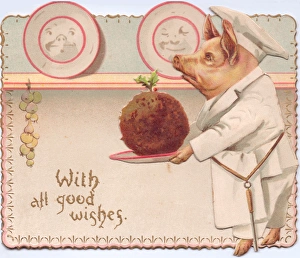 Chef pig with pudding on a Christmas card Chef pig with pudding on a Christmas card