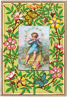 Cherub playing pipe on a floral greetings card Cherub playing pipe on a floral greetings card