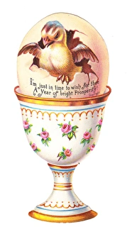 Chick in an eggcup on a cutout New Year card Chick in an eggcup on a cutout New Year card