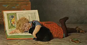 Young Girl Reading Prints: Child with book & rabbit