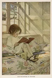 Prints of Picture Books in Winter: Summer fading, winter comes; Frosty mornings, tingling thumbs, Window robins, winter rooks, and the picture story books Rook Prints: Child Reads at Window Print: Winter Scene with Picture Books