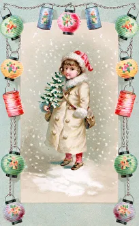 Child with tree and bag on a Christmas postcard Child with tree and bag on a Christmas postcard