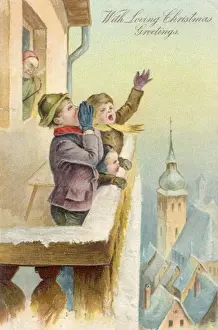Children on Balcony Print, Three Boys Shouting Christmas Greetings