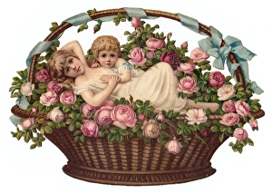 Children in basket of flowers on a Victorian scrap Children in basket of flowers on a Victorian scrap