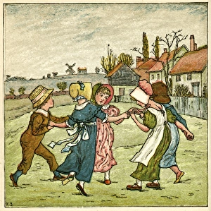 Children dancing in a ring on village green Children dancing in a ring on village green