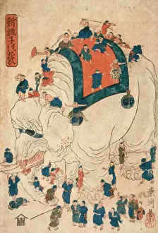 Vintage Elephant Illustrations Prints: Children exploring an elephant