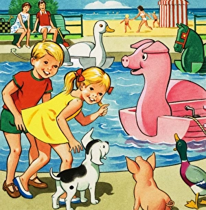 Children and farmyard animals besides pedalo pond Children and farmyard animals besides pedalo pond