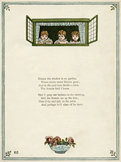 Three children looking out of a window Three children looking out of a window