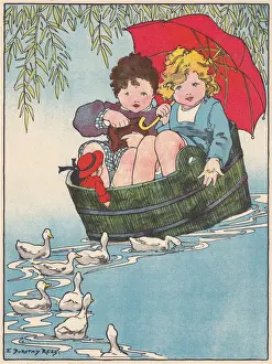 1920 Watercolour Print of Children at Play in a Pond Tub