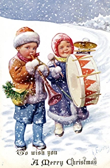 Children playing instruments in the snow Children playing instruments in the snow