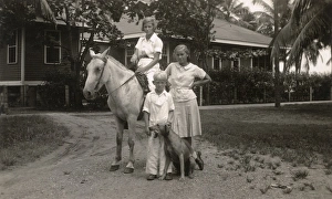 Three children with pony and dog, USA Three children with pony and dog, USA