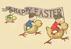 Children riding on little chicks at Easter Children riding on little chicks at Easter
