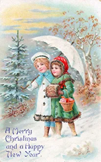 Children in the snow on a Christmas and New Year postcard Children in the snow on a Christmas and New Year postcard
