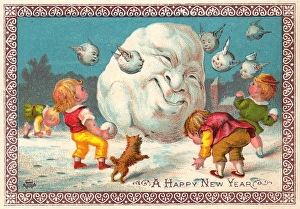 Four children snowballing on a New Year card Four children snowballing on a New Year card