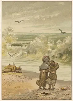 Historical Beach Scenes Prints: Children Watching Waves