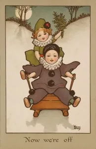 Prints of Two small children, wearing clown and Pierrot costumes have fun in the snow on a sledge Florence Hardy Prints: Mary Evans Prints Online: Now We're Off Print