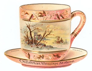 China cup and saucer on a cutout Christmas card China cup and saucer on a cutout Christmas card