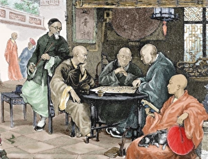 China. Men playing draughts in a tavern China. Men playing draughts in a tavern
