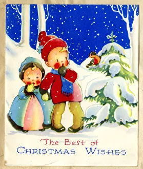 Christmas card, Children in the snow looking at a robin Christmas card, Children in the snow looking at a robin