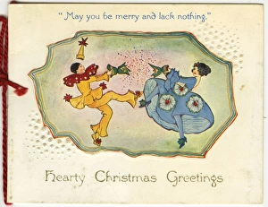 Christmas card, Clown and lady with cracker Christmas card, Clown and lady with cracker