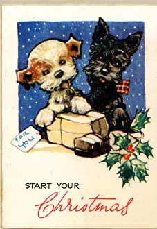 Christmas card, Two puppies with parcels Christmas card, Two puppies with parcels