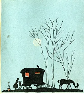 Christmas card, silhouette of gypsy caravan Christmas card, silhouette of gypsy caravan