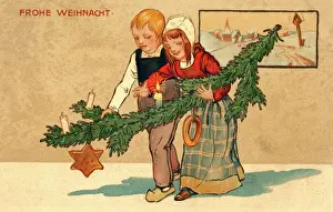 German Children with Christmas Bough Print