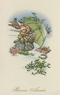 Christmas Greetings Postcard - two children and presents Christmas Greetings Postcard - two children and presents