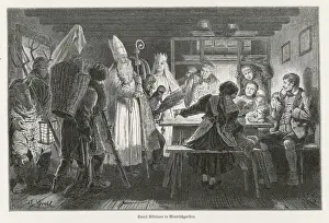 Prints of Sanct Nikolaus, accompanied by an angel, goes from house to house in a Slovenian village, blessing each family in turn Slovenia Prints: Christmas Print of Slovenian St. Nicholas with Angel