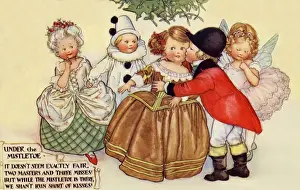 Christmastime Print: A Couple Kissing under Mistletoe circa 1916
