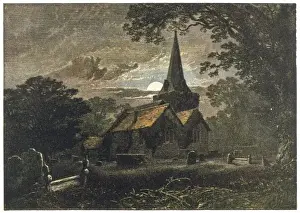 Prints of The moonlit churchyard of Stoke Poges, where the poet Thomas Gray was inspired to write his famous Elegy Date: circa 1860 Thomas Gray Prints: Churchyard by Moonlight Print, circa 1860