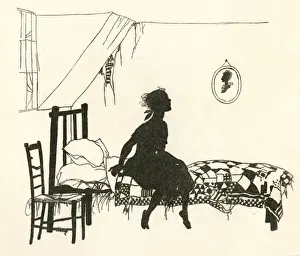 Prints of Ella, aka Cinderella, sitting on her bed in her shabby attic room. Date: 1919 Arthur Rackham Prints: Arthur Rackham's 1919 Print of Cinderella in her Attic Room