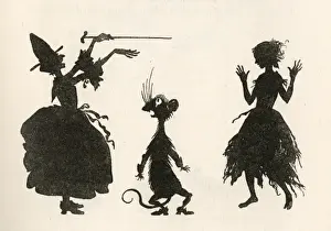 Prints of Cinderella, aka Ella, is astonished when her Fairy Godmother waves her wand over a rat, to turn him into a coachman. Date: 1919 Arthur Rackham Prints: Arthur Rackham's Cinderella Print, 1919