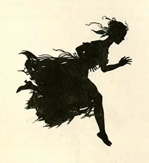 Prints of Ella, aka Cinderella, running away from the Ball in her ragged dress just as the clock strikes midnight. She has left one shoe behind. Date: 1919 Arthur Rackham Prints: Cinderella Fleeing the Ball, Midnight Print 1919