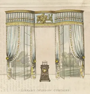 Classical Curtains Print: Library Window with Pelmets and Table Clock