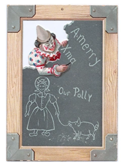 Clown writing on a slate on a Christmas card Clown writing on a slate on a Christmas card